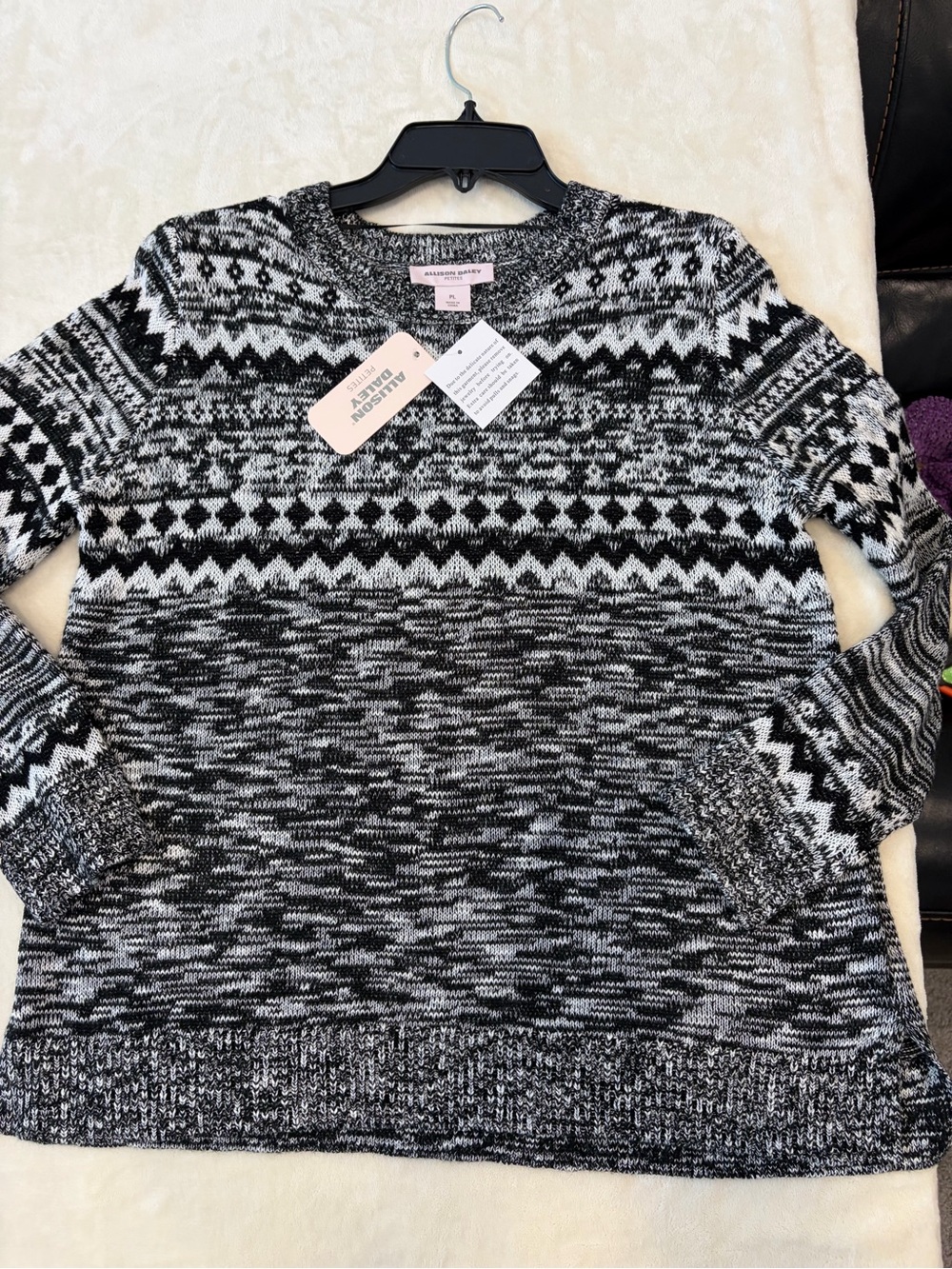 Allison Daley Black & White Fair Isle Crewneck Sweater